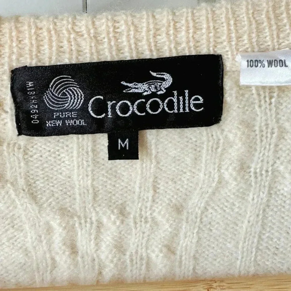 Vintage cream cable  knit Crocodile logo embroidered 100% soft wool cardigan - Picture 5 of 7